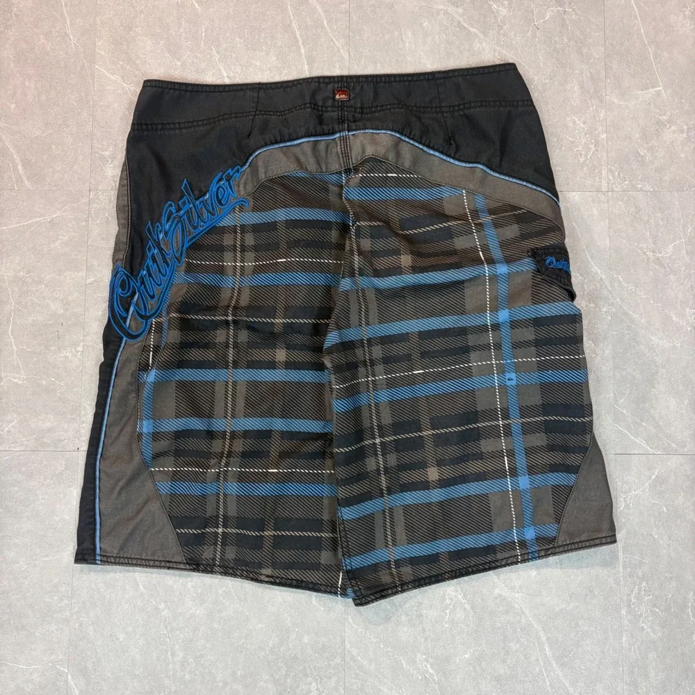 Quiksilver Men Plaid Board Shorts Blue Grey Embroidered Logo Swim Trunks Size 34